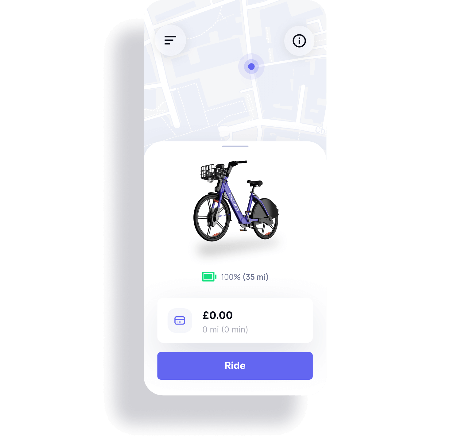 Phone screen displaying Plum rider app with a map, an e-bike, battery charge status, ride fare, and 'Ride' button visible