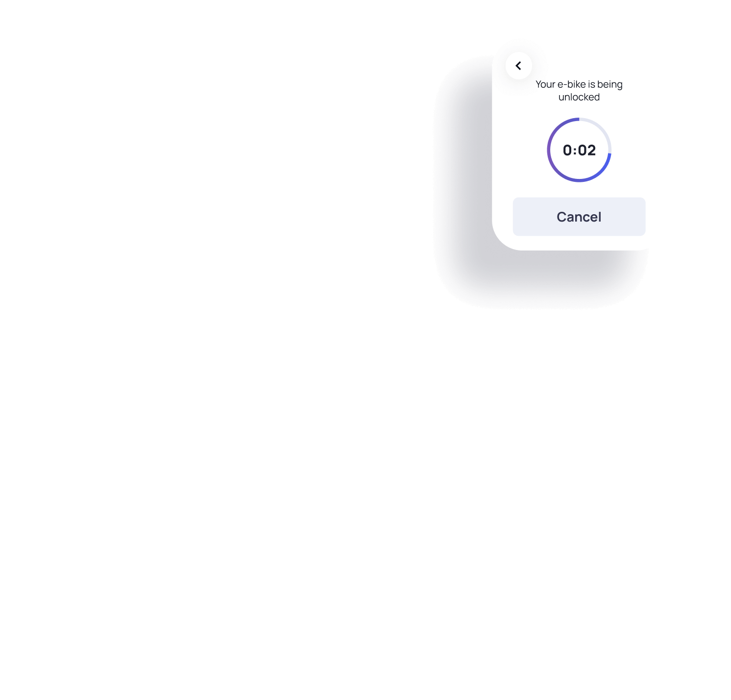 Snippet of Plum rider app with text 'Your bike is being unlocked,' a timer counting down 2 seconds, and a 'Cancel' button